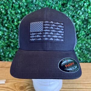 NWT Columbia Adult Trucker Hat PFG Fish Flag Hat Patriot S/M Flexfit Black Gray